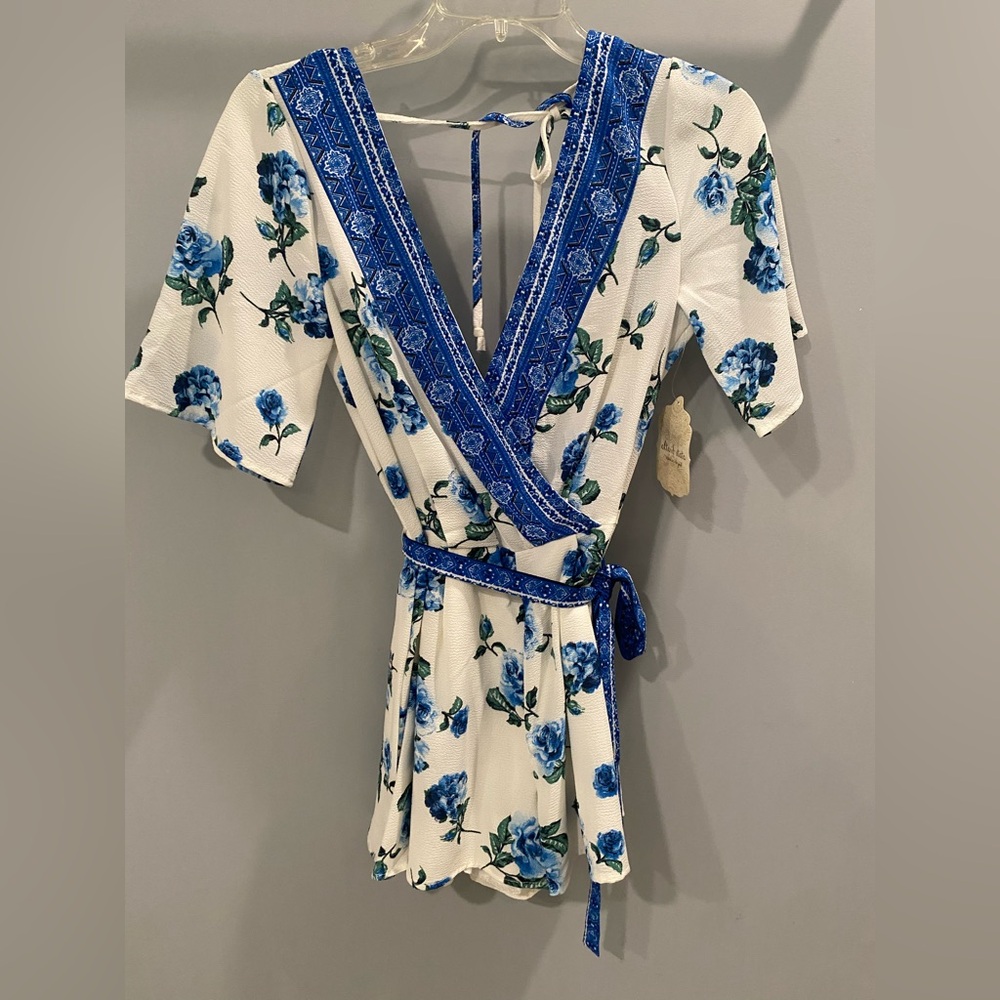 Floral Wrap Romper with Blue Accents